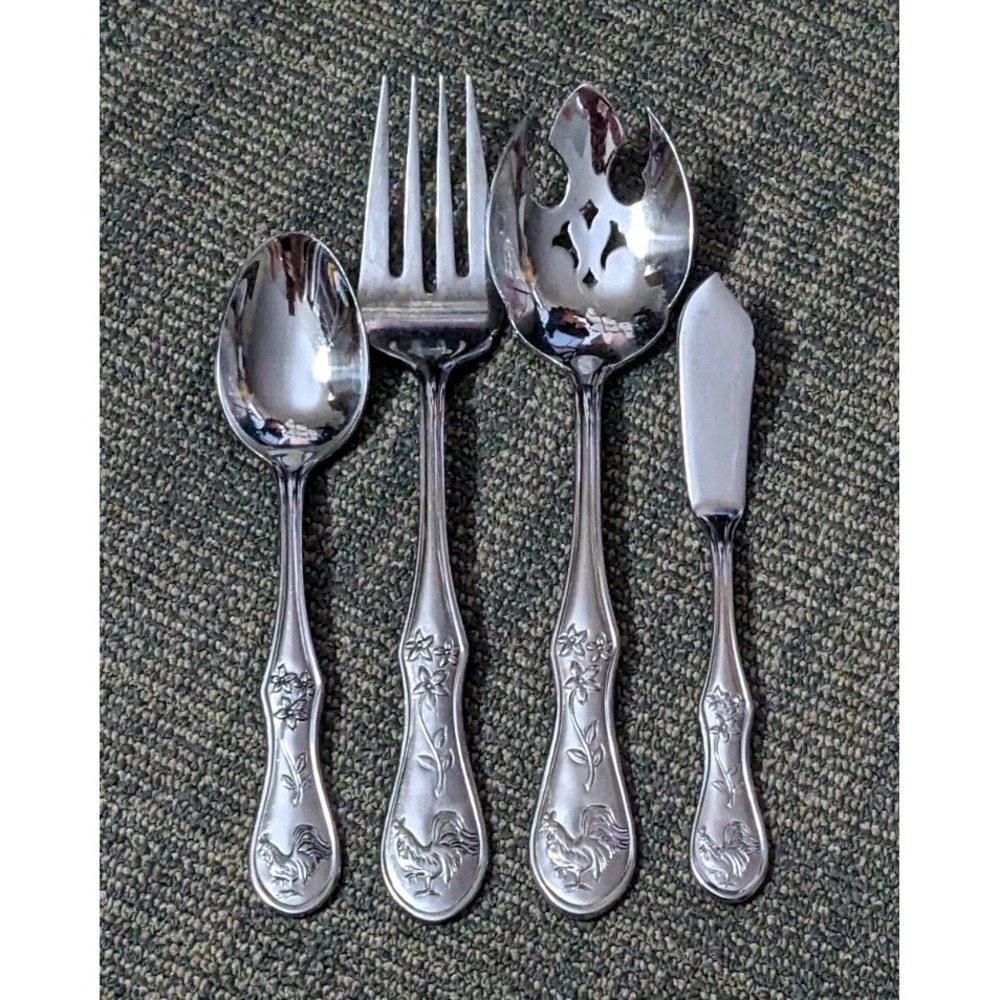 4 Pc Pfaltzgraff DAYBREAK Hostess Serving Set Glossy Stainless Flatware Rooster